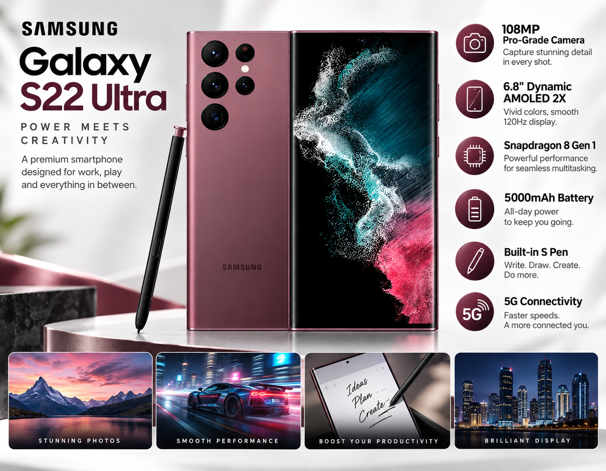 Burgundy Samsung Galaxy S22 Ultra smartphone with S Pen, front and back