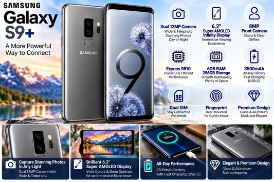 Samsung Galaxy S9+ smartphone in titanium gray with dual 12MP camera and Infinity Display
