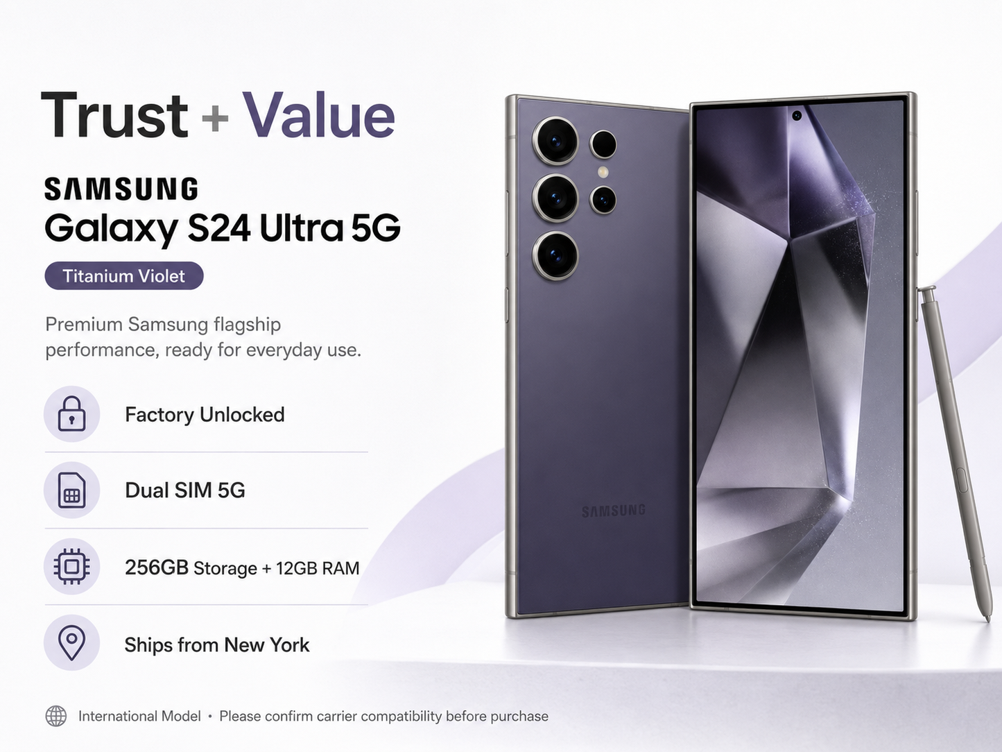 Galaxy S24 Ultra titanium violet smartphone, factory unlocked, Dual SIM 5G