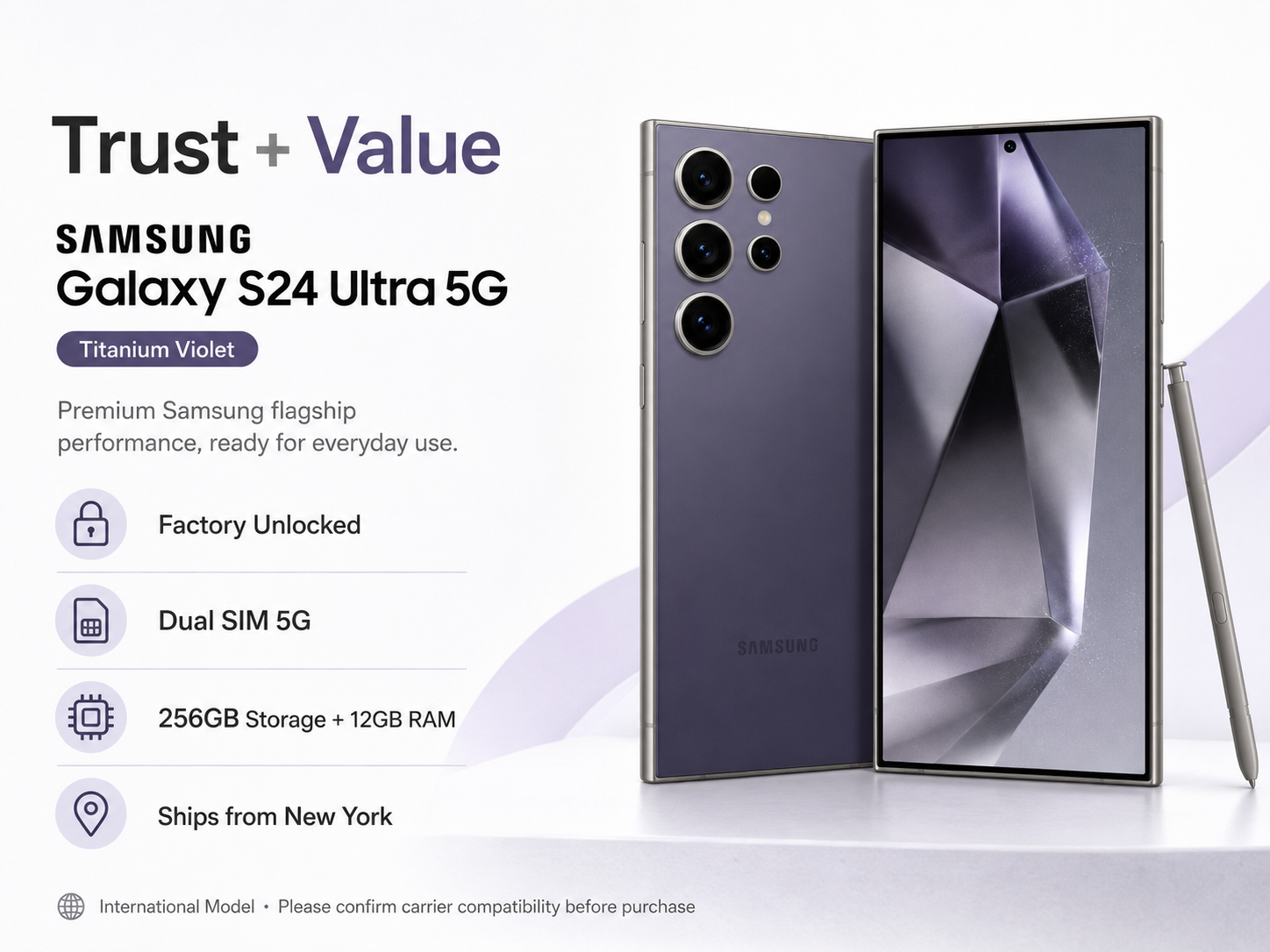 Galaxy S24 Ultra titanium violet smartphone, factory unlocked, Dual SIM 5G