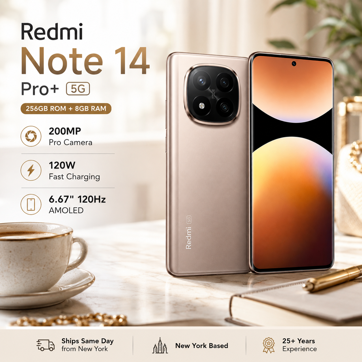 Xiaomi Redmi Note 14 Pro Plus 5G 256GB ROM 8GB RAM Dual SIM GSM Unlocked - Sandy Gold