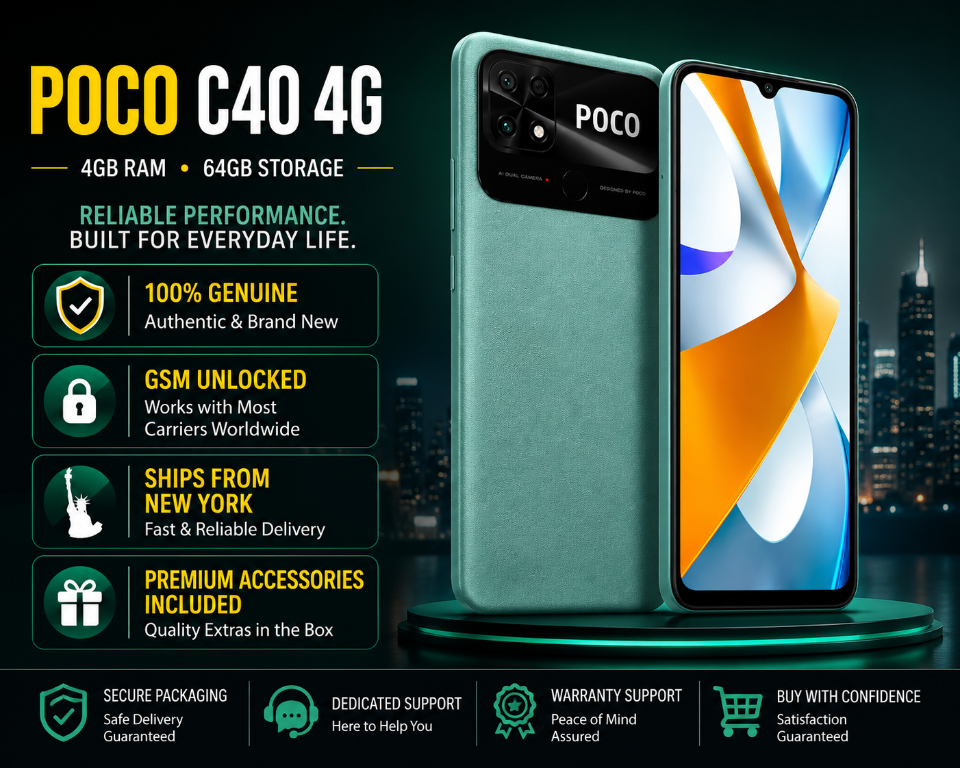 Coral green Poco C40 4G smartphone with front and back views, dual-camera back.