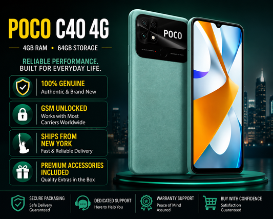 Coral green Poco C40 4G smartphone with front and back views, dual-camera back.