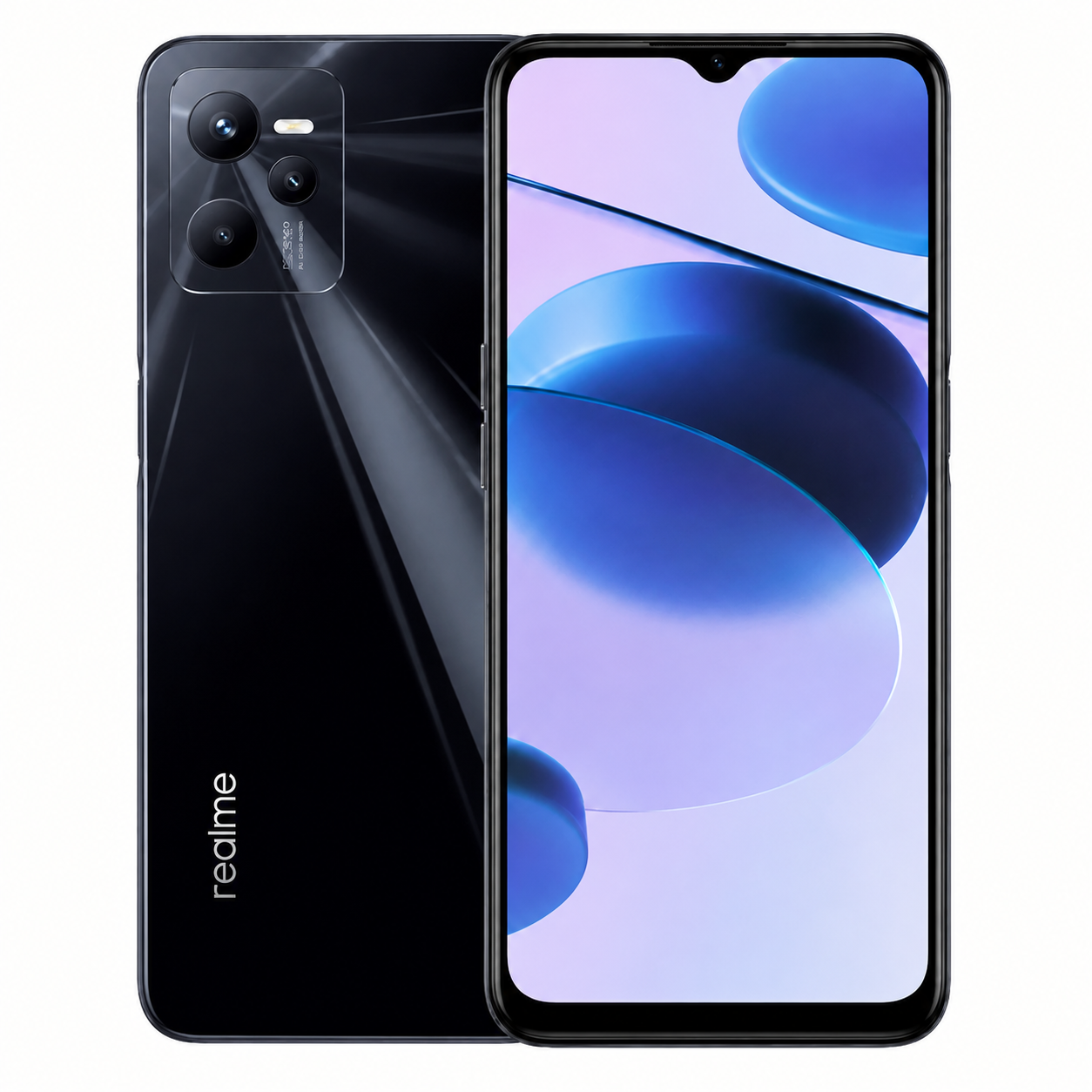 Realme C35 4G smartphone glowing black, front screen and rear camera module