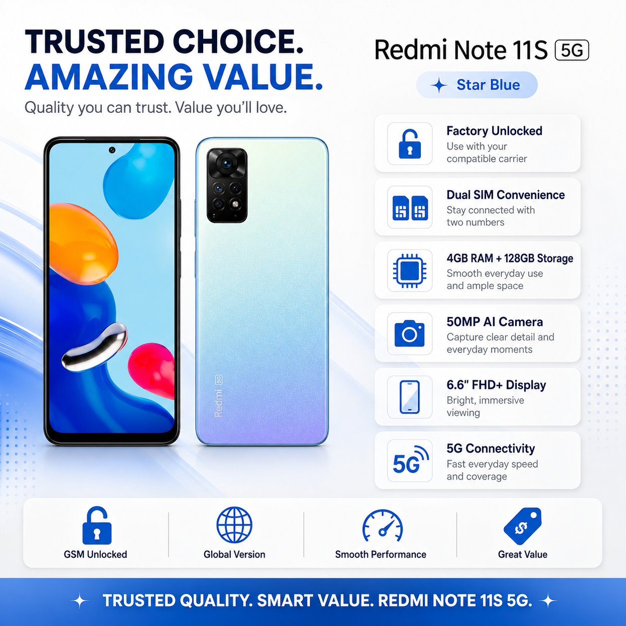 Xiaomi Redmi Note 11S 5G 128GB ROM 4GB RAM Dual SIM GSM Unlocked - Star Blue