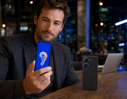 Man holding black Zenfone 9 smartphone, dual rear cameras visible