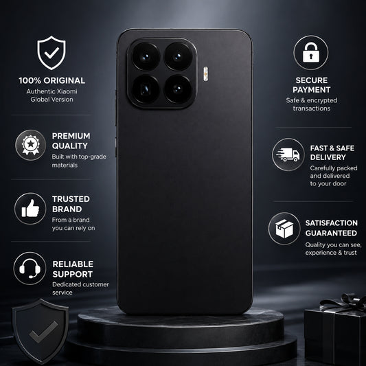 Black smartphone back with quad-camera array on a pedestal stand.