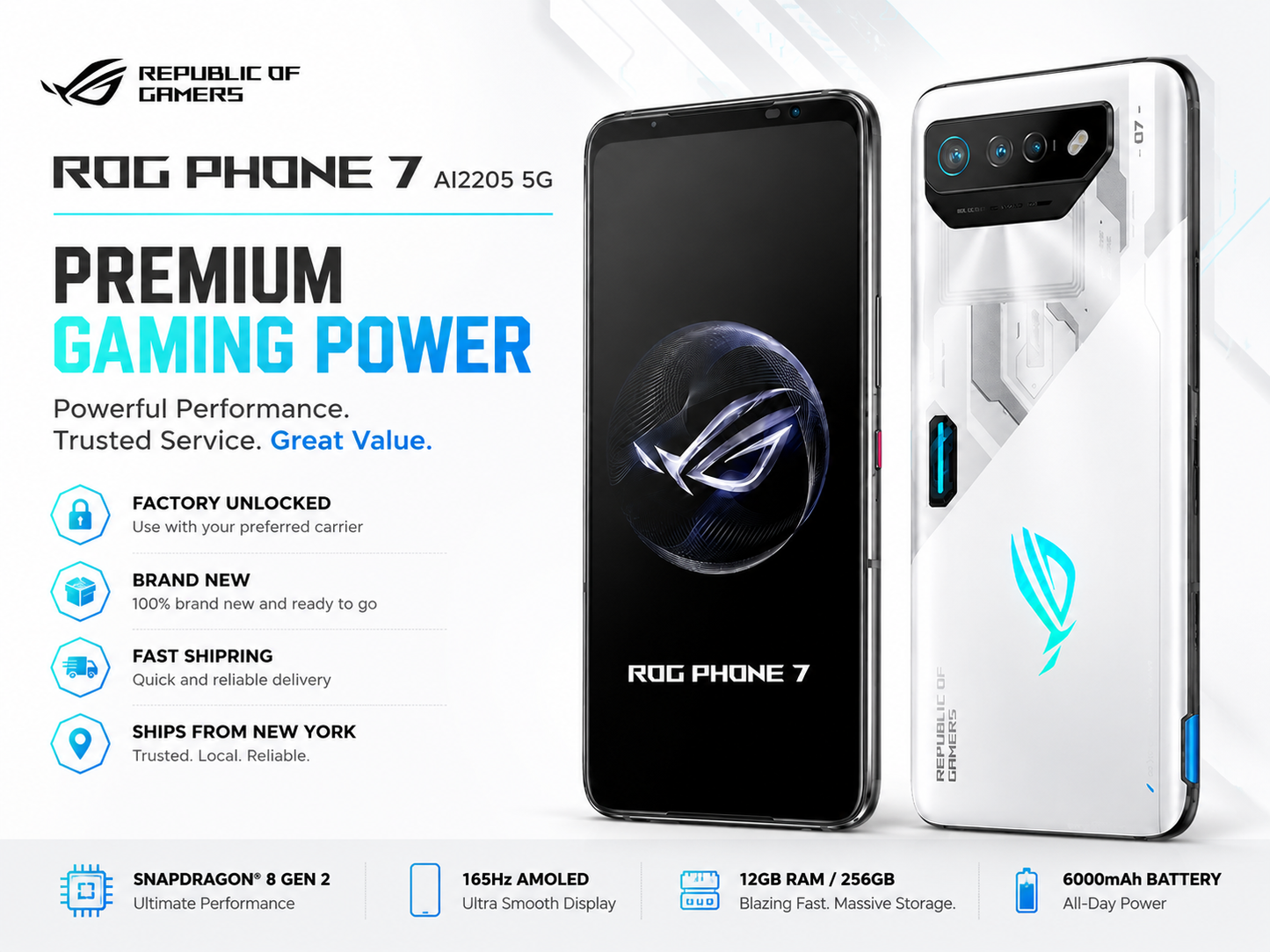 ASUS ROG Phone 7 White and black gaming smartphone front and back views, triple-camera module