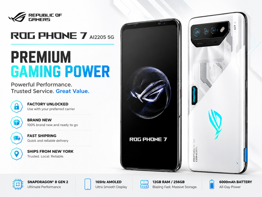 ASUS ROG Phone 7 White and black gaming smartphone front and back views, triple-camera module