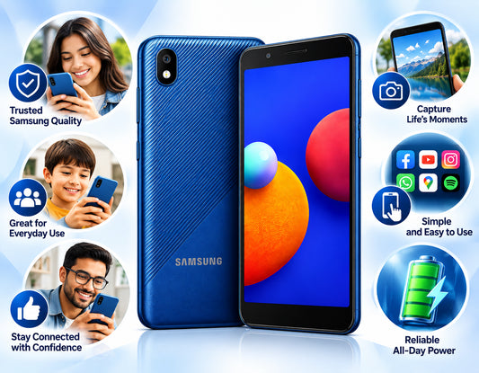 Samsung Galaxy A01 Core Blue smartphone showing textured rear with camera and front screen
