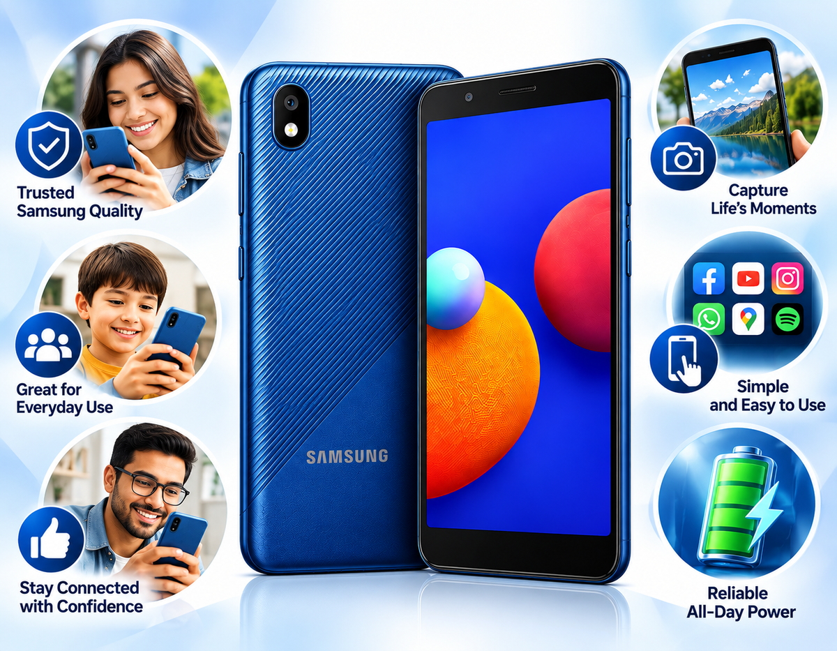 Samsung Galaxy A01 Core Blue smartphone showing textured rear with camera and front screen