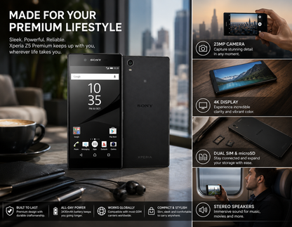 Black Sony Xperia Z5 Premium smartphone with front screen and rear panel.