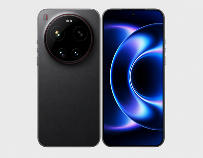 Xiaomi 17 Ultra 5G Black smartphone front and rear pair, circular camera module and blue display