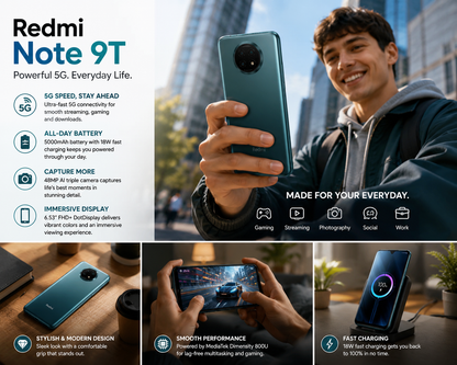 Xiaomi Redmi Note 9T Nightfall Black 5G smartphone held in hand, back camera module visible