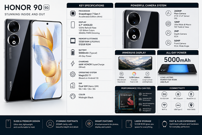 Honor 90 5G smartphone with front display and midnight black back, dual cameras