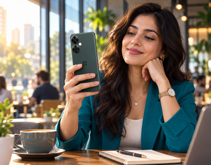 Chromatic Gray ONEPLUS Nord CE 3 Lite 5G shown in-hand, rear camera side visible
