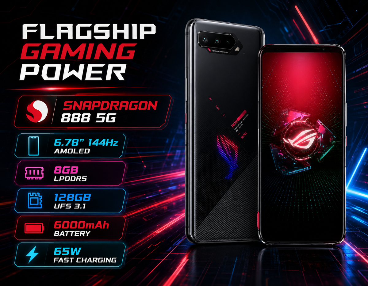 Asus ROG Phone 5 Black gaming smartphone with camera module and front display; patterned back