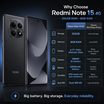 Xiaomi Redmi Note 15 4G black smartphone showing front and back with quad camera