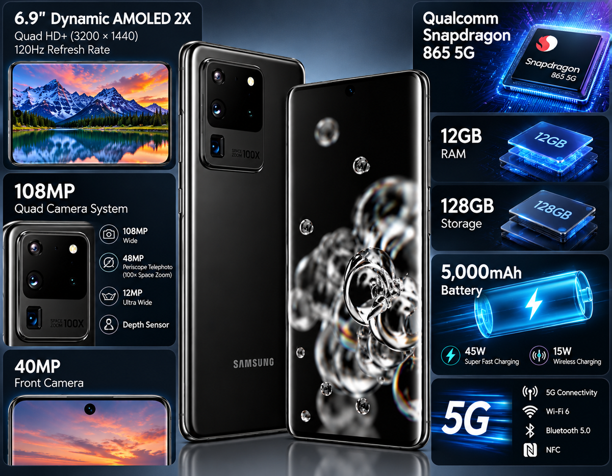 Samsung Galaxy S20 Ultra 5G smartphone, cosmic black rear and front with tech icons