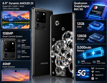 Samsung Galaxy S20 Ultra 5G smartphone, cosmic black rear and front with tech icons