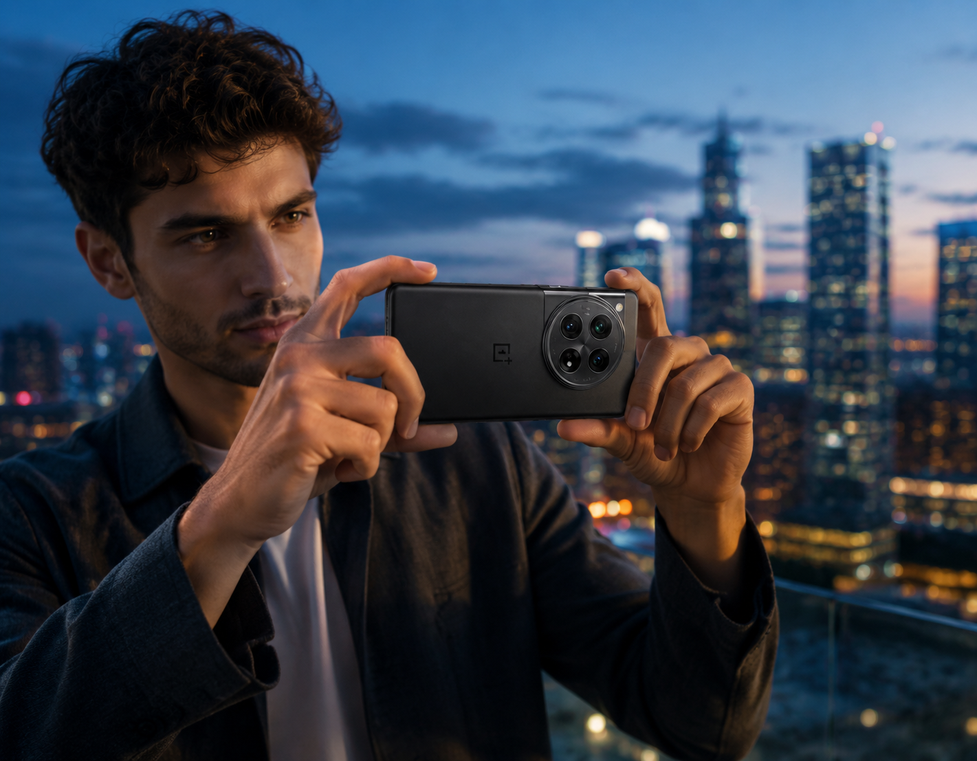 OnePlus 12 5G smartphone in black, quad-lens camera back shown in a hand