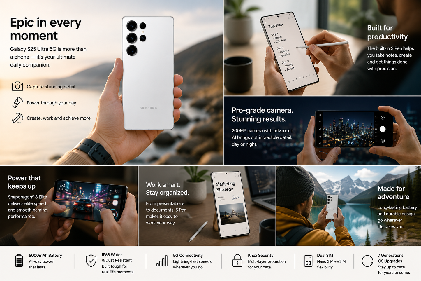 SAMSUNG Galaxy S25 Ultra  Smartphone in hand with pro-grade camera, connectivity, and battery icons