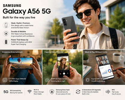 Graphite Samsung Galaxy A56 5G phone held in hand, front screen facing camera
