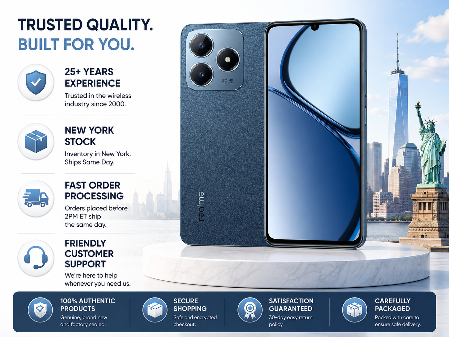 Realme C63 4G Blue smartphone front and back with dual rear cameras