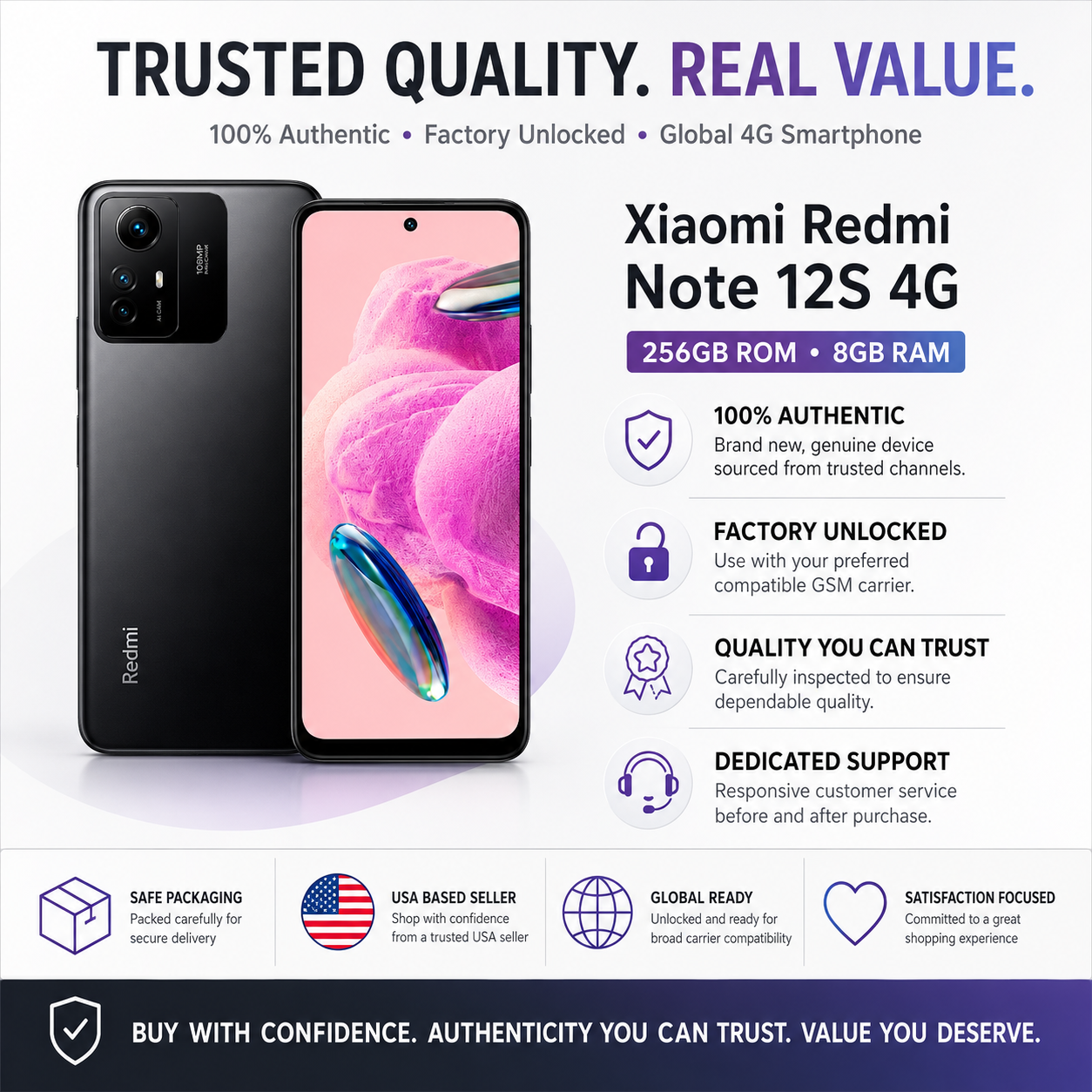 Xiaomi Redmi Note 12s 4G Dual SIM 256GB ROM 8GB RAM GSM Unlocked - Onyx Black