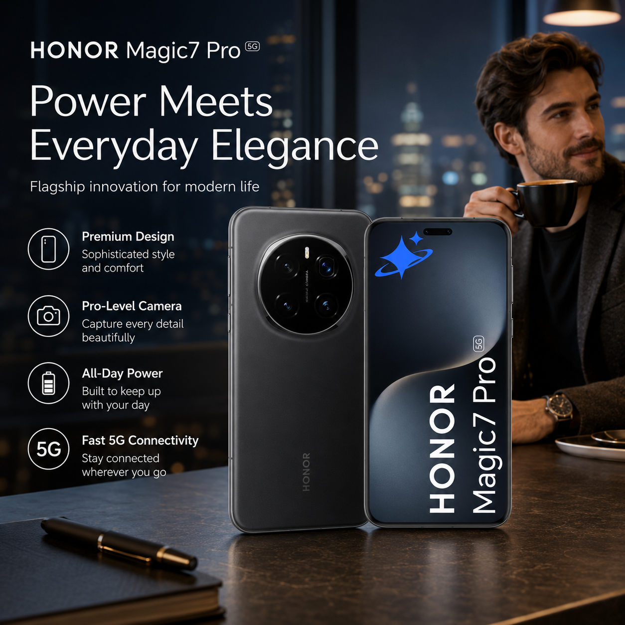 Black HONOR smartphone with lit front screen and rear triple camera