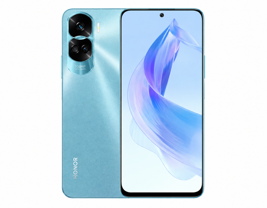 Cyan Honor 90 Lite 5G smartphone showing front display and rear triple camera module