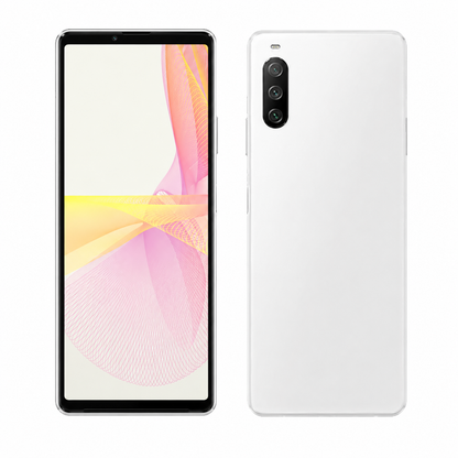 Sony Xperia 5 IV 5G XQ-CQ72 White smartphone front and back view, showing rear camera array