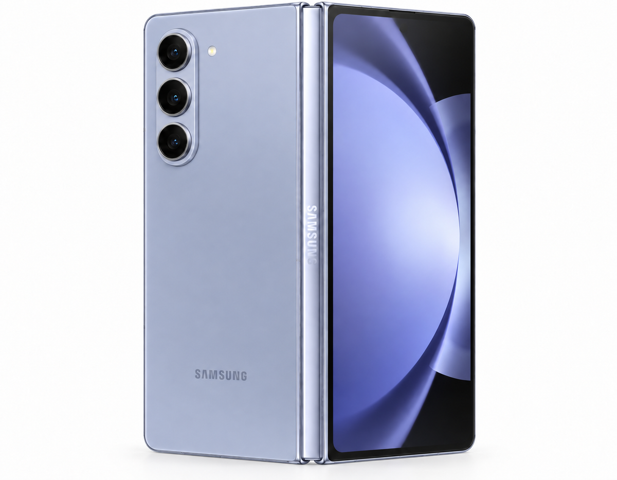 Blue foldable smartphone, Samsung Galaxy Z Fold5 closed with back triple cameras