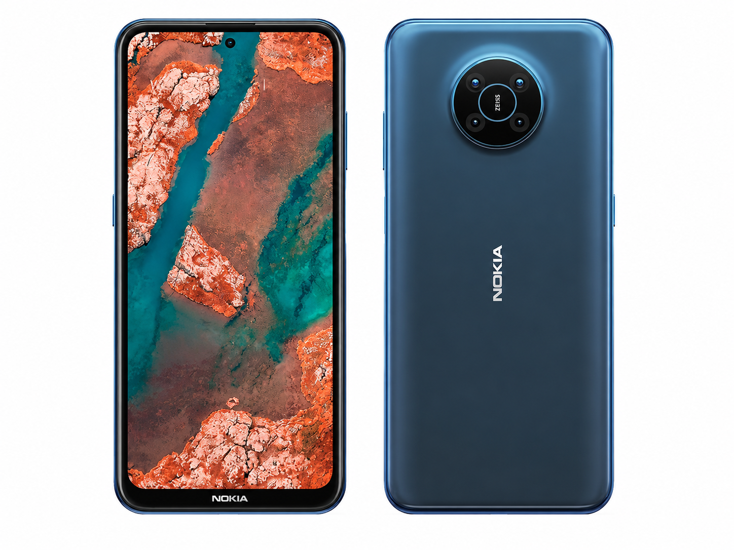 Nokia X20 5G Nordic Blue smartphone shown front and rear, dual camera at top