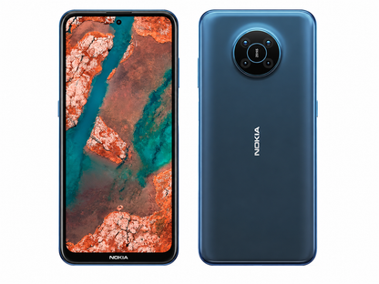 Nokia X20 5G Nordic Blue smartphone shown front and rear, dual camera at top