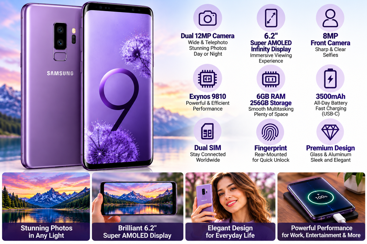 Samsung Galaxy S9+ smartphone in lilac purple with front screen and rear panel