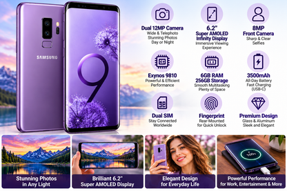 Samsung Galaxy S9+ smartphone in lilac purple with front screen and rear panel