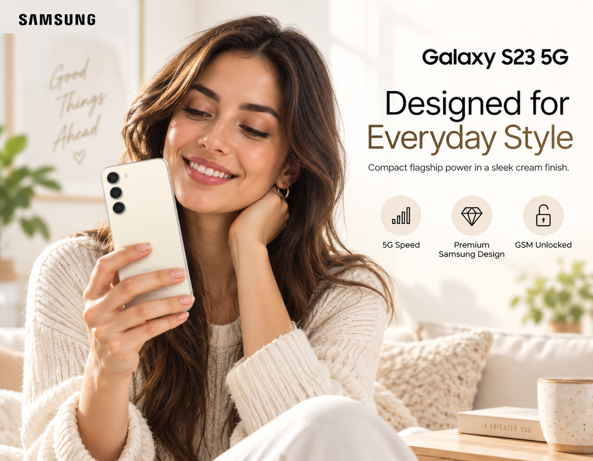 Samsung Galaxy S23 5G Cream Samsung 5G smartphone in a hand, rear camera area visible.