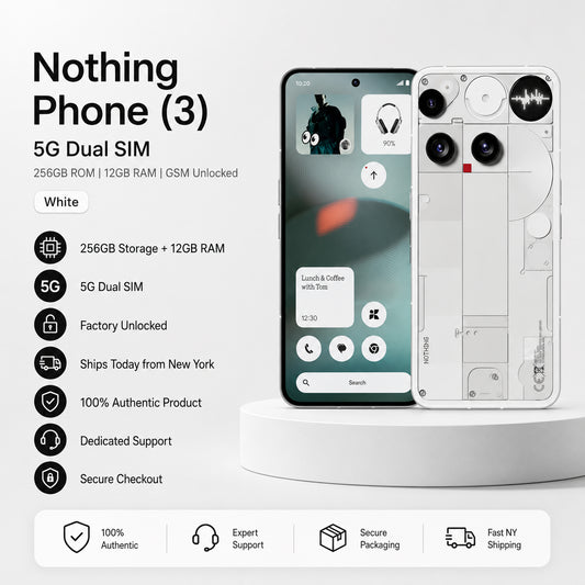 Nothing Phone (3) 5G White smartphone front and exposed rear panel on a pedestal