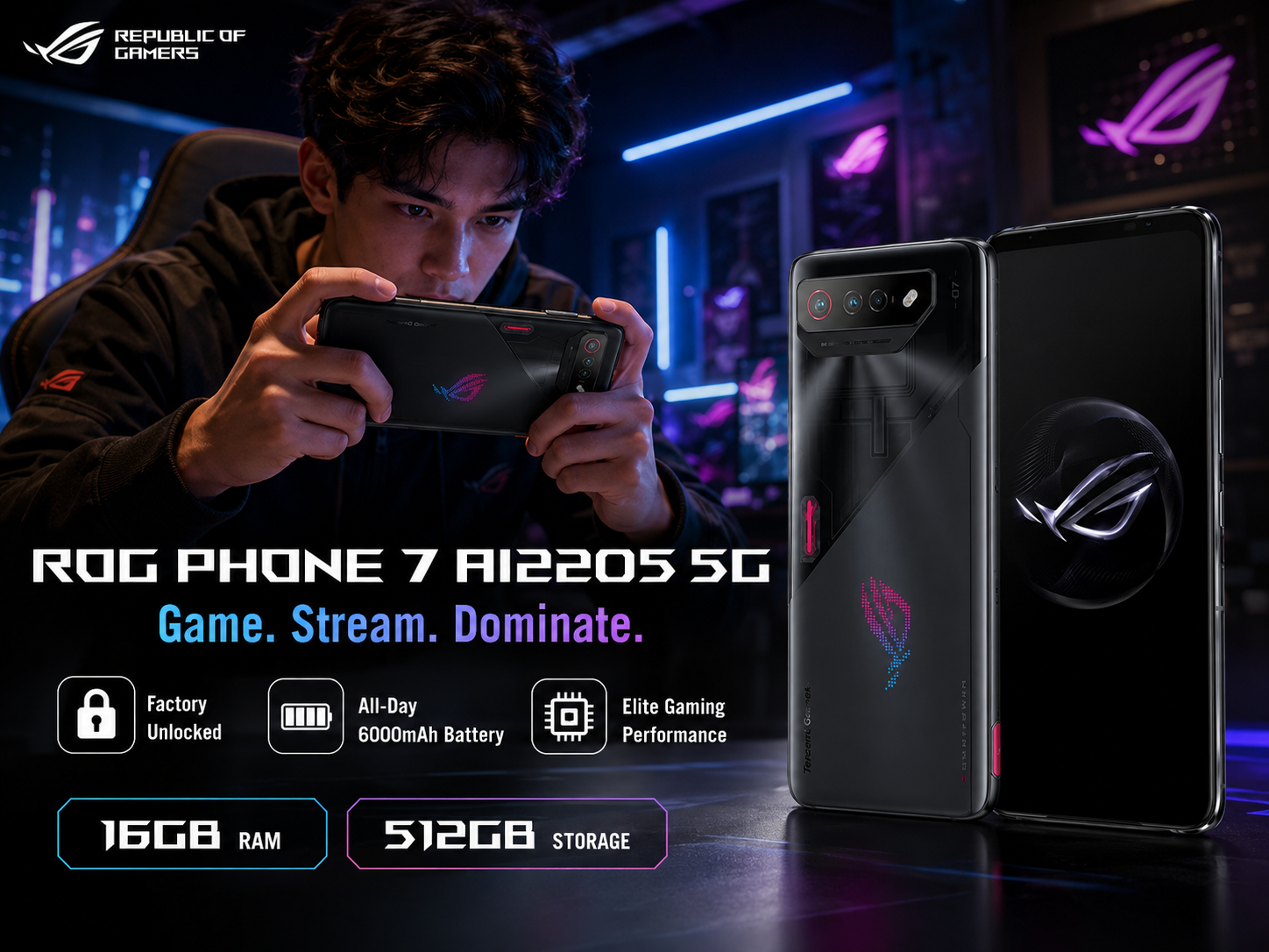 ASUS ROG Phone 7 Black gaming smartphone with triple rear camera module, held next to face