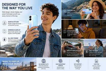 Realme 10 Pro 5G Blue smartphone in hand with front screen facing camera.