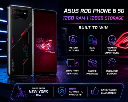 Asus ROG Phone 6 Black gaming smartphone with visible rear camera array and red-lit display