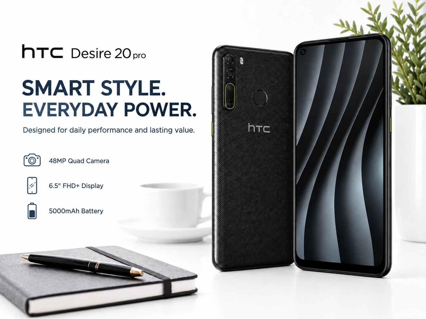 Black HTC Desire 20 Pro smartphone standing with front and back panels visible.