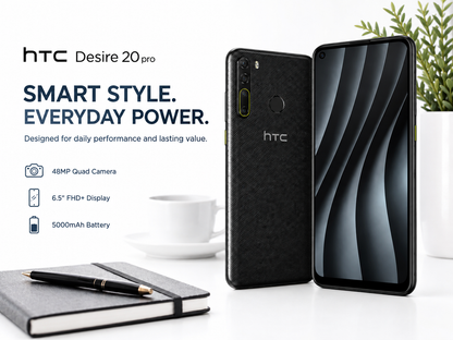 Black HTC Desire 20 Pro smartphone standing with front and back panels visible.