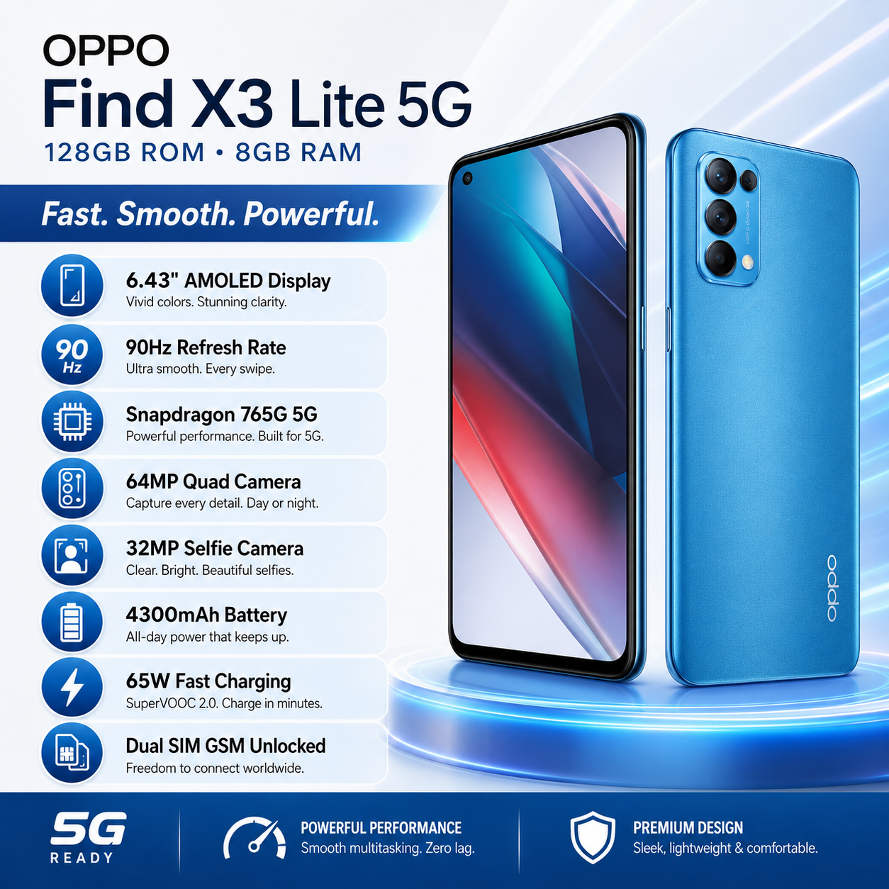 Oppo Find X3 Lite 5G CPH2145 128GB 8GB RAM Dual SIM GSM Unlocked - Blue
