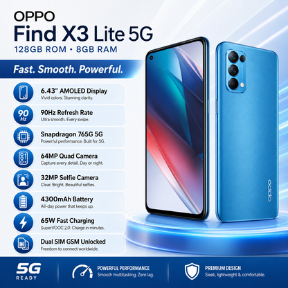 Oppo Find X3 Lite 5G CPH2145 128GB 8GB RAM Dual SIM GSM Unlocked - Blue