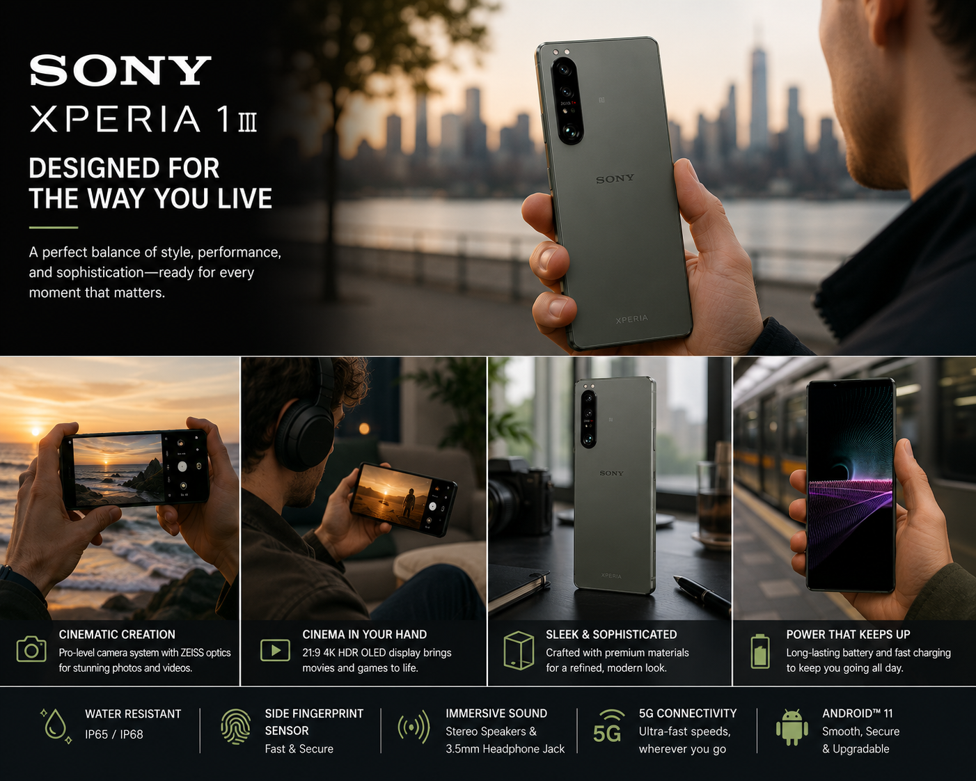 Sony Xperia 1 III XQ-BC72 5G Frosted gray smartphone held in hand, rear multi-lens camera and Sony logo visible