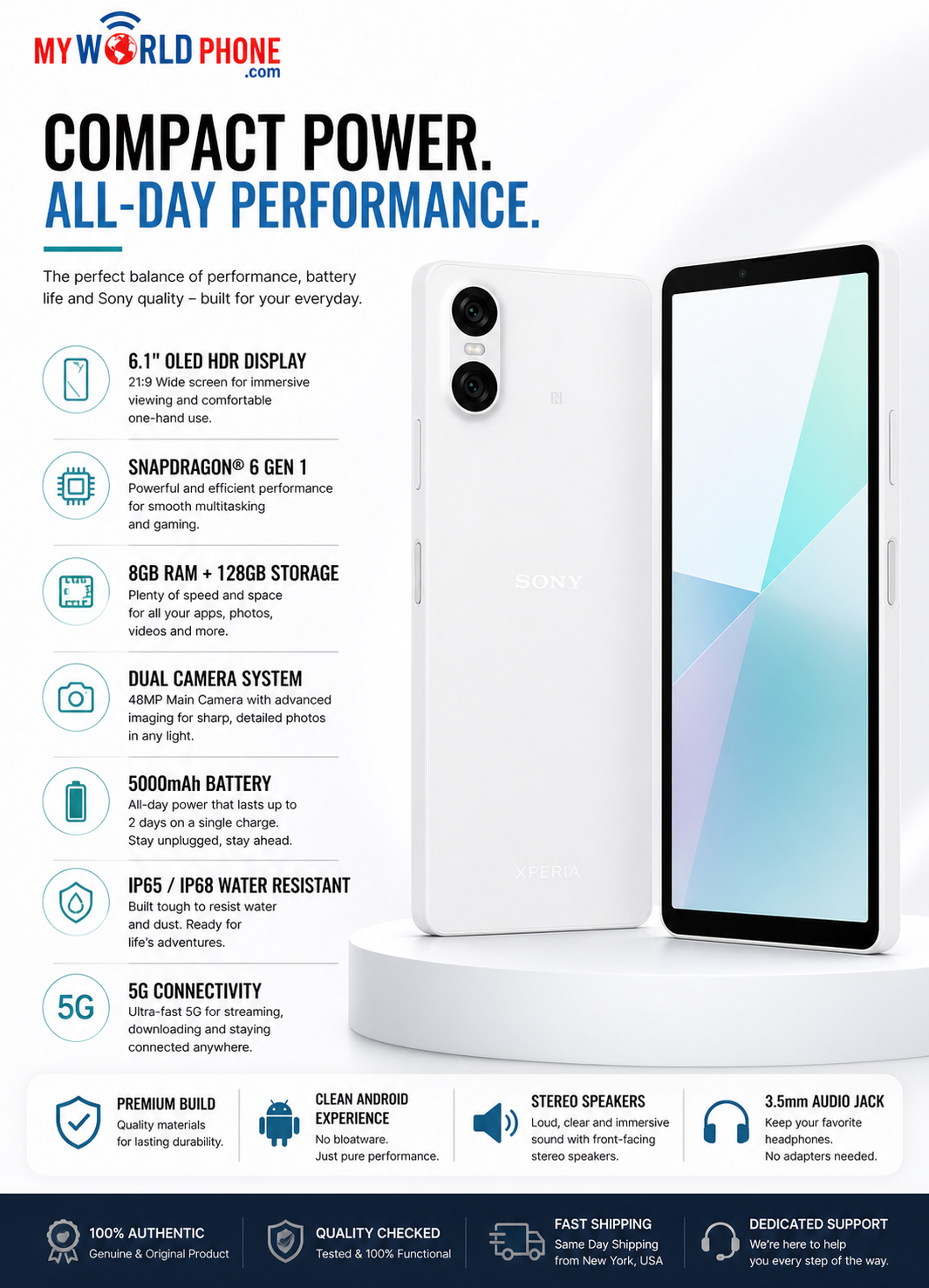 Sony Xperia 10 VI 5G XQ-ES72 128GB ROM 8GB RAM Dual SIM GSM Unlocked – White