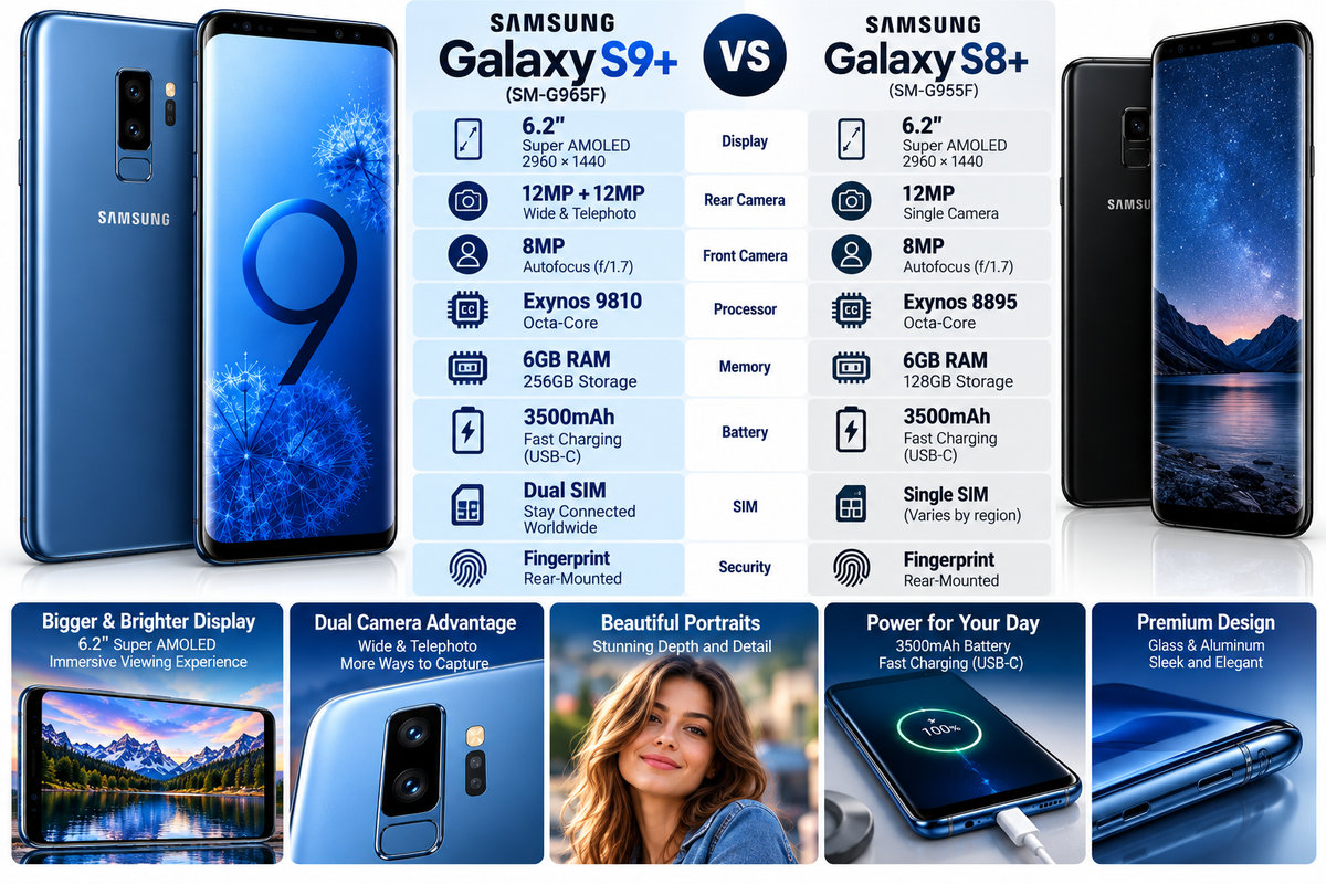 Blue Samsung Galaxy S9+ smartphone shown front and back with rear camera