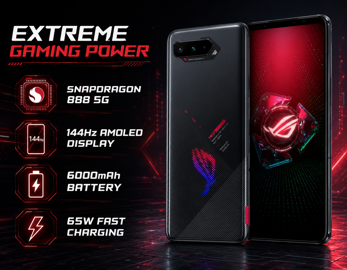 Asus ROG Phone 5 Phantom Black 5G gaming smartphone with red AMOLED display and rear camera